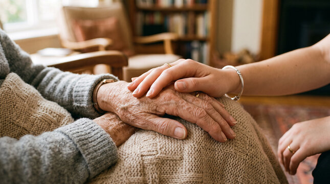 Close up hands of young woman caressing senior woman while sitting together on comfortable armchair at nursing home.