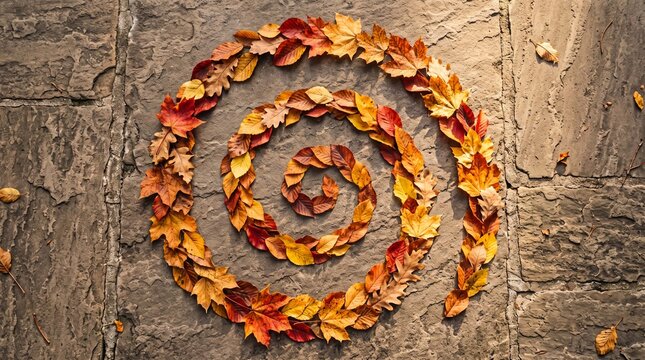 Spiral pattern made of colorful autumn fallen leaves on stone pavement background