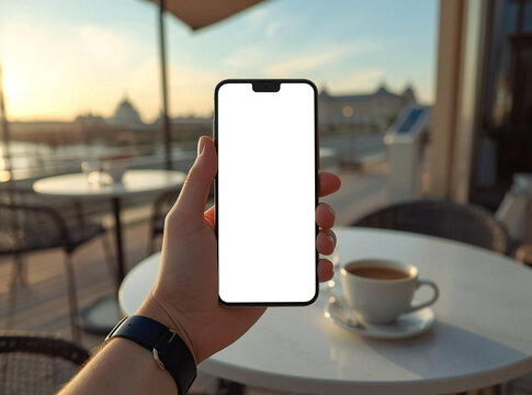 カフェのテラスで手に持つスマートフォンの白い画面モックアップ、旅行やアプリ広告に使える写真素材｜スマートフォン 手 カフェ コーヒー モックアップ 白画面 余白

