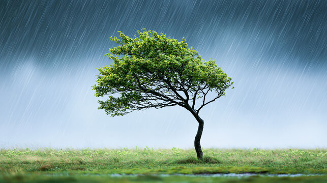 A lone tree bends under heavy rain in a grassy field, with a dark, stormy sky in the background.