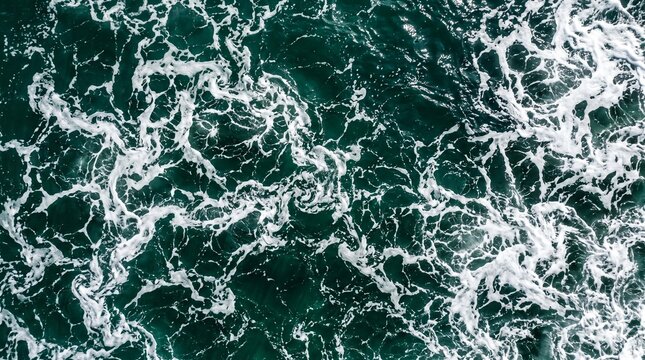 Aerial view of churning dark green ocean water with white foamy waves splashing in the deep sea, capturing the powerful motion of the tide
