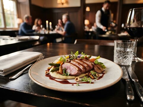Gourmet Roasted Duck Breast Served with Seasonal Vegetables and Creamy Puree in an Elegant Fine Dining Restaurant Atmosphere