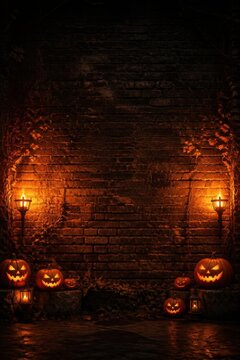 Spooky halloween brick wall background with carved jack o lanterns and burning torches jack o lantern halloween pumpkins burning torch halloween night stone wall halloween decor scary pumpkin