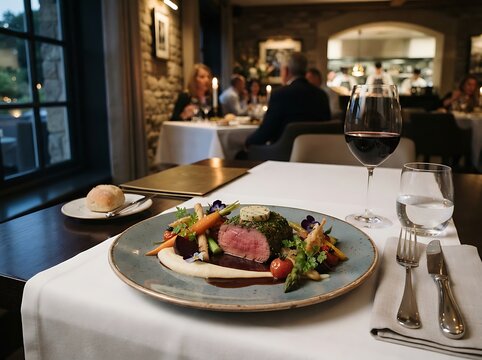 Elegant Gourmet Plated Filet Mignon Dinner Served at an Upscale Restaurant with Red Wine and Seasonal Vegetables