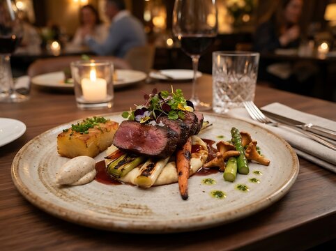 Exquisite Medium Rare Steak Served with Grilled Asparagus and Savory Potato Gratin in an Upscale Fine Dining Restaurant Atmosphere