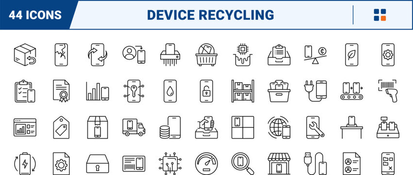 Phone recycling drawer line icon set. Vector pictograms of smartphone, ewaste, electronics, and tradein elements, thin linear illustration.