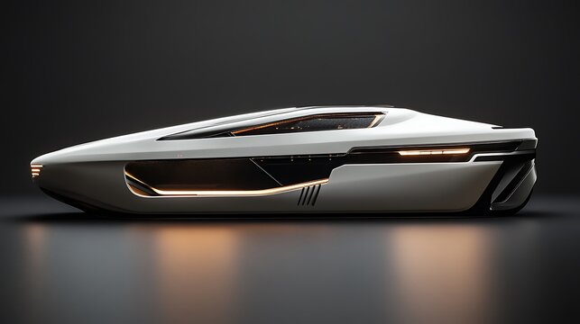 Futuristic electric hypercar profile featuring sleek white aerodynamic body panels and glowing orange led lights on a dark studio background