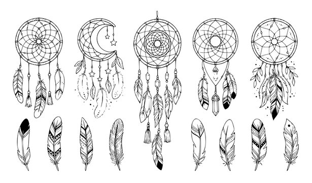 Bohemian dreamcatcher and feather hand drawn vector collection with dotted ornaments