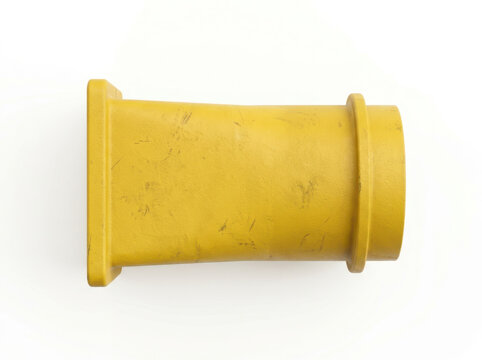 Yellow cylindrical object with tapered ends and textured surface isolated on white background.