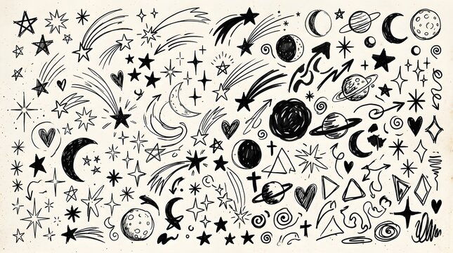 Hand drawn space doodles collection featuring stars planets moon and comets sketch style
