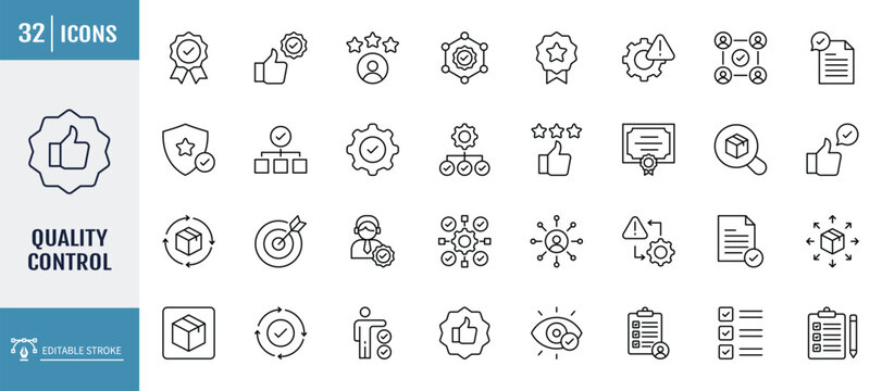 Quality Control icons set. including quality, process, testing, evaluation, inspection, product. outline icon set. vector illustration with editable stroke