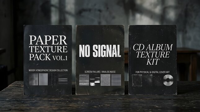 Dark paper texture pack and album design kits on rustic wooden table with design kit