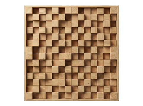 Geometric wooden panel with interlocking square blocks arranged in a modular design.