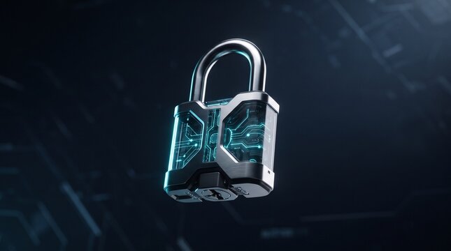Digital padlock with glowing binary code on dark background.