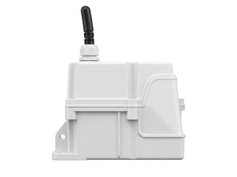 Plastic electrical junction box with mounting bracket against white background.