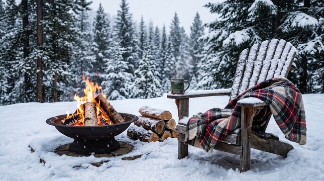 Cozy winter campfire in snowy forest, rustic wooden chair with plaid blanket by fire pit, peaceful outdoor winter retreat