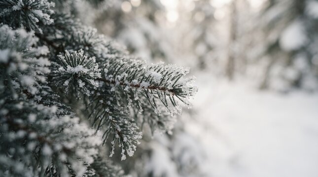 Frost covered evergreen branches in a snowy winter forest showcasing ice crystals and needles in 2k quality