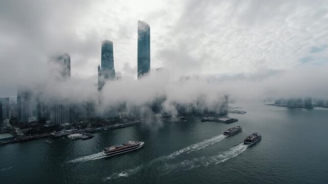 Fog Shrouded Harbor City Skyline with Shipping Vessels.