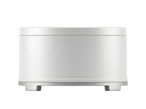 Sleek cylindrical speaker with metallic finish and four stabilizing feet.