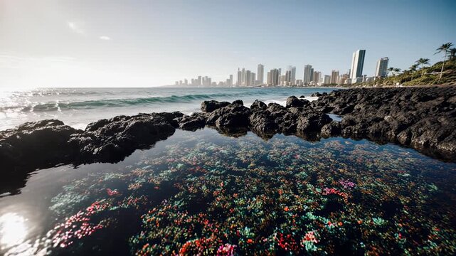 Coastal rocky shoreline with colorful tide pools and city skyline.