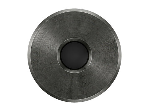 Gray metal flange with central hole mounted against a neutral background.