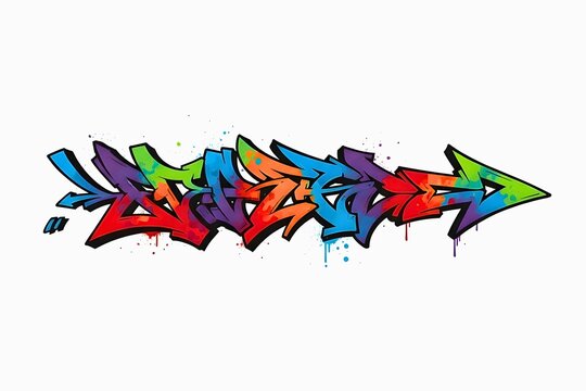 Graffiti art lettering design illustration with colorful wildstyle elements, paint splatters, and arrow motif on white background
