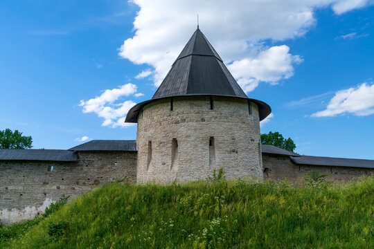 Izborsk Tower of the Holy Dormition Pskovo-Pechersky Monastery on a sunny summer day, Pechory, Pskov region, Russia