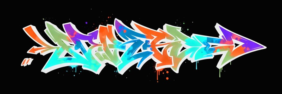 Horizontal graffiti art lettering design illustration with colorful wildstyle elements, paint splatters, and arrow motif on black background