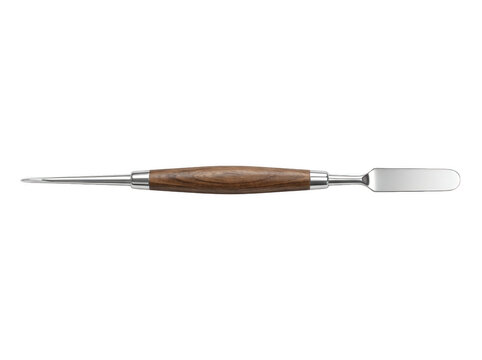 Wood-handled precision screwdriver with polished metal tip resting on a neutral surface.