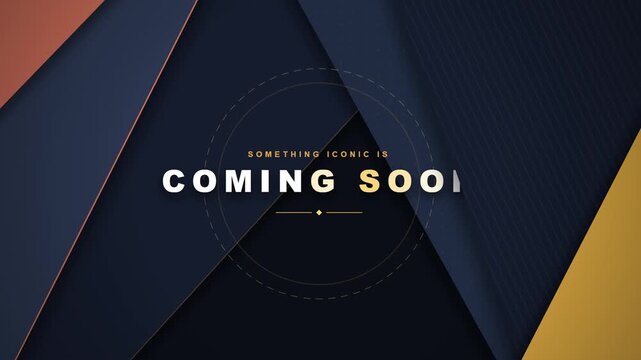 Coming soon announcement on blue and gold geometric layered background
