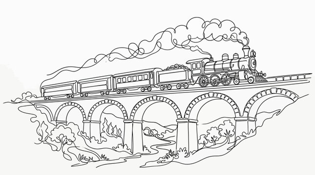 Steam Train Crossing Stone Bridge Over River Line Art Illustration
