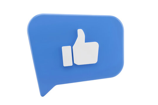 A three dimensional blue speech bubble with a white thumbs up symbol isolated on a white background, representing social media engagement
