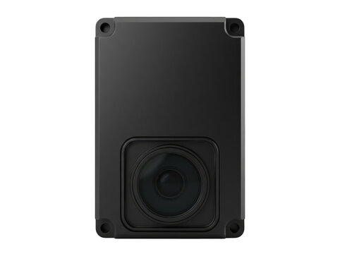 Black rectangular device with circular speaker grille and minimalist design on white background.