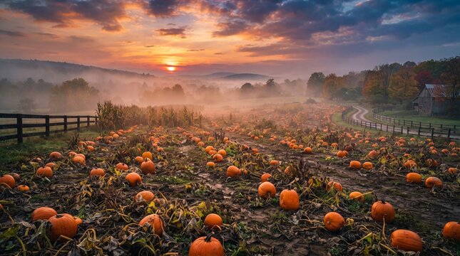 Pumpkin patch field lies mist-covered under a golden sunrise.