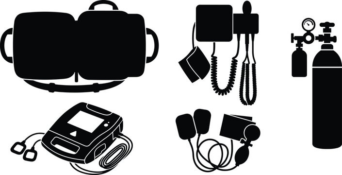 Scuba diving equipment silhouette collection with buoyancy compensator regulator tank gauges and dive computer