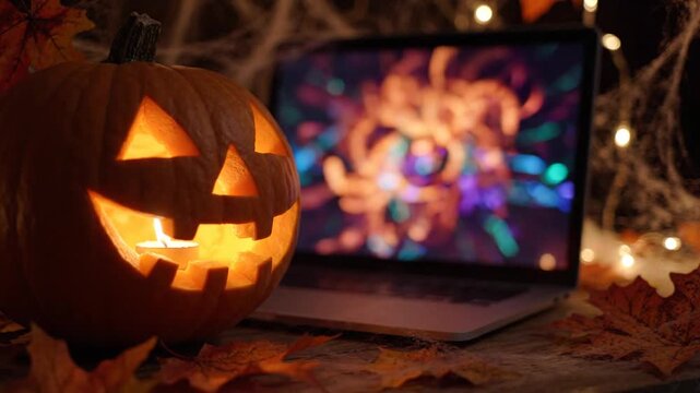 Halloween Jack o lantern with Laptop Displaying Animated Graphics