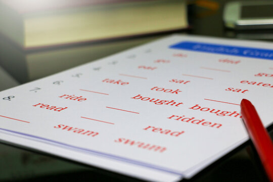 filling out English grammar worksheet with red pen