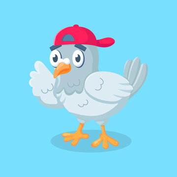 Cute Cartoon Dove Wearing Red Cap Isolated on Blue Background
