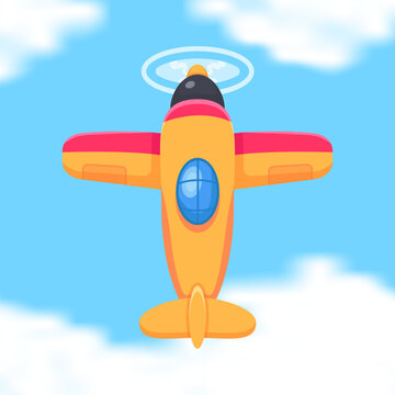 Colorful Cartoon Airplane Flying in Blue Sky with Clouds