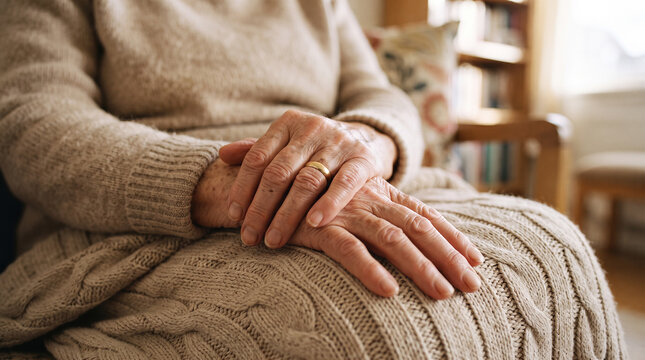Elderly person resting hands wearing wedding ring on beige knitted blanket represents comfort and warmth for seniors in residential care home.