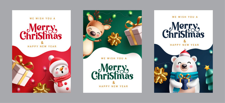 Merry Christmas and Happy New Year Card Poster Clipart Set. Christmas greeting card collection featuring a cute characters clip art like snowman, reindeer, polar bear, gift boxes, golden bows 