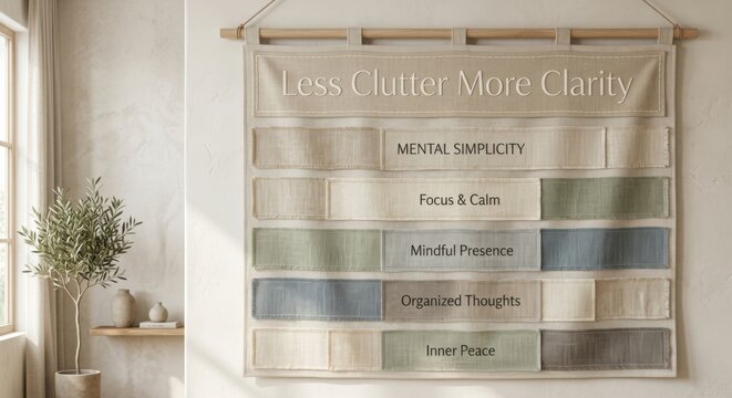 Linen Wall Hanging with Minimalist Lifestyle Mottos Promoting Clarity and Peace