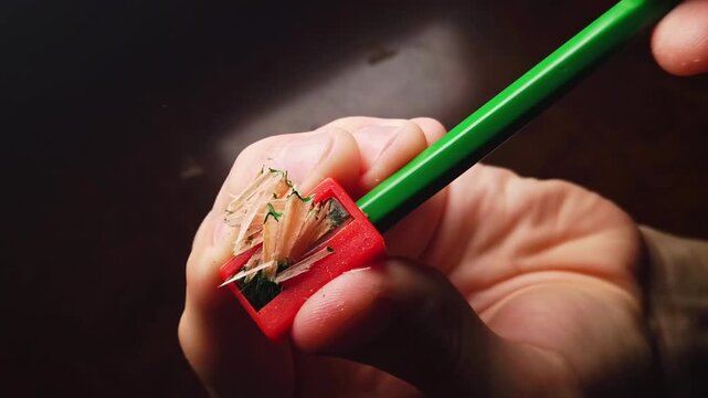 Person sharpening green pencil with red sharpener close up view.