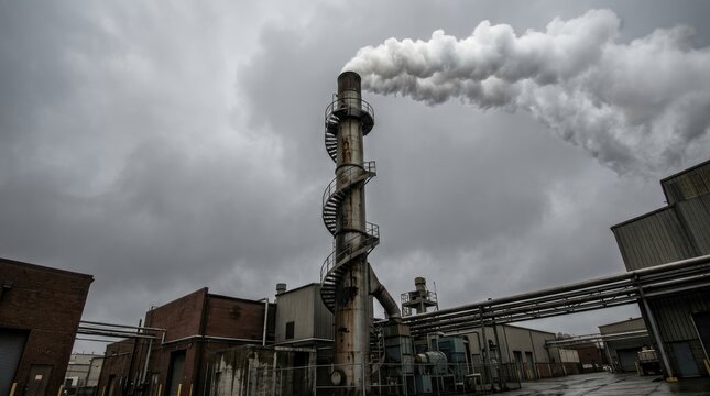 Industrial factory chimney with spiral staircase emitting smoke under a grey overcast sky