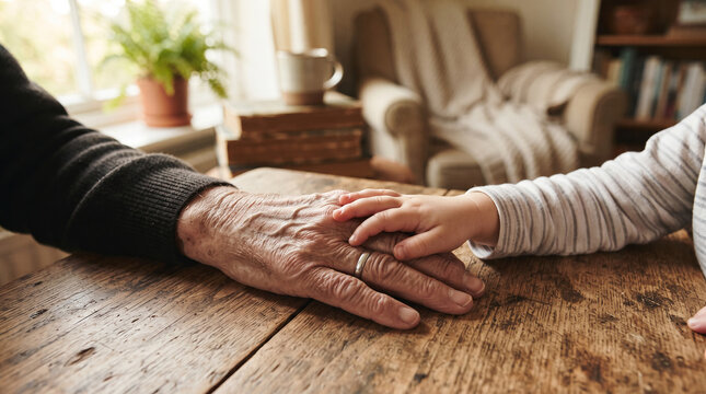 Small child's hand gently holding an elderly person's hand, representing generational connection and love across ages.