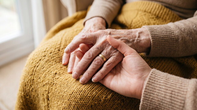 Young person gently cradling wrinkled elderly hand with golden ring resting on yellow knitted blanket highlighting generational care concepts.