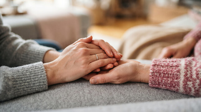 Younger hands with silver ring holding older hand gently during therapy session in cozy home setting with knitted sweater detail close up.