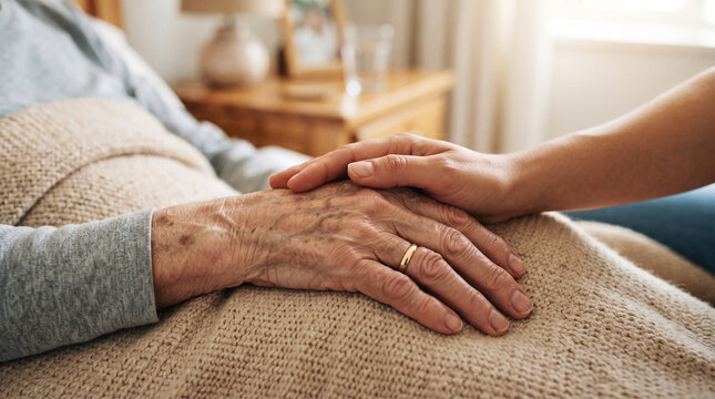Elderly person resting with hands held by caregiver to offer solace and emotional strength during difficult time of recovery or healing.