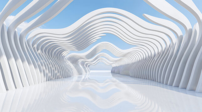 Symmetrical perspective of a wavy white parametric arch tunnel with reflective floor against a soft sky.