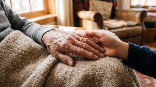 Caring hand of younger person holding wrinkled hand of elderly person showing support and connection.